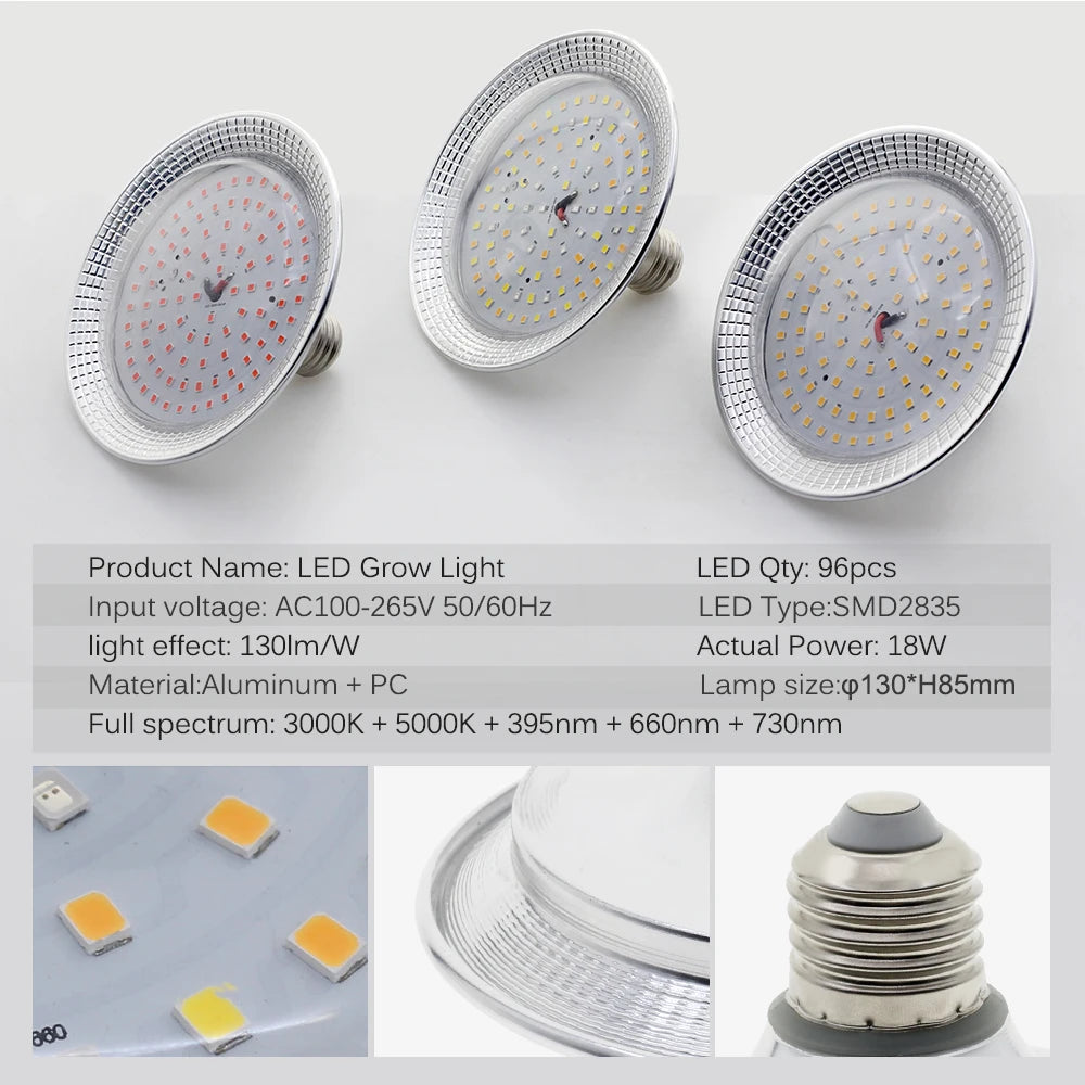 E27 18W Full Spectrum LED Grow Light Sunlike Phytolamp Bulb for Plants Flower Greenhouse Tent Hydroponic