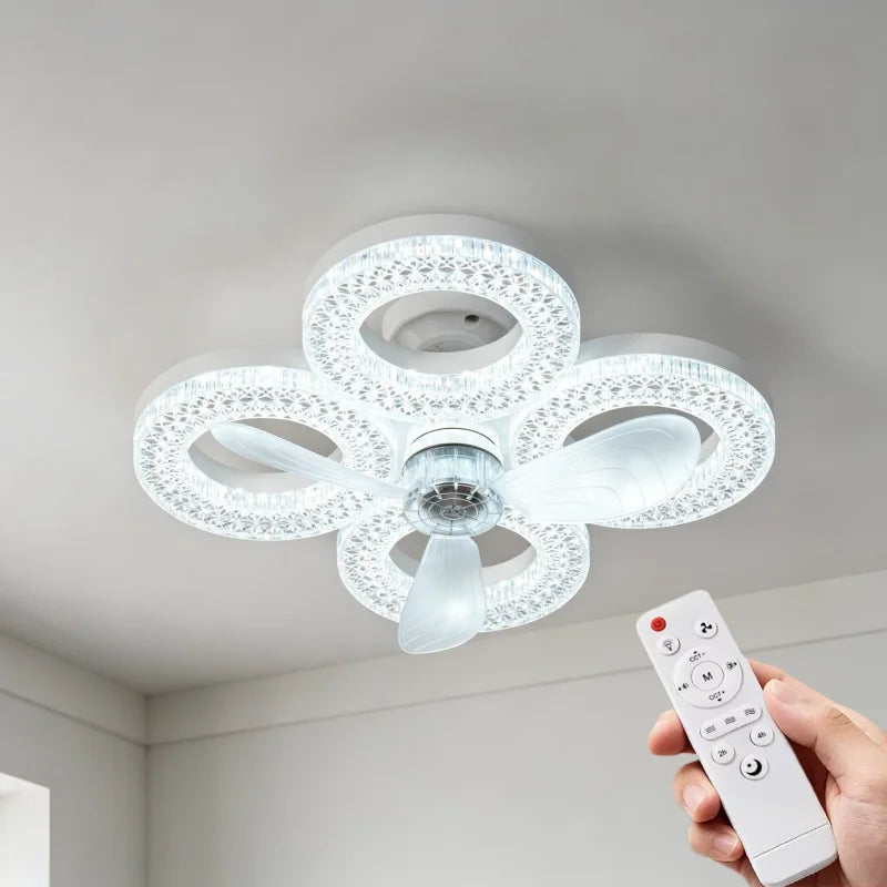 48W Ceiling Fan Light Dual Base Design Remote Control Stepless Dimmable 3 Speeds Timer LED Fan Lamp for Living Room Bedroom