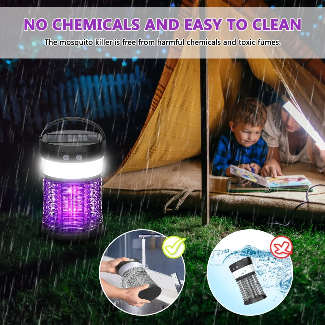 Bug Zapper Electric Solar Mosquito Killer 3000V Rechargeable Insect Fly Trap for Indoor & Outdoor