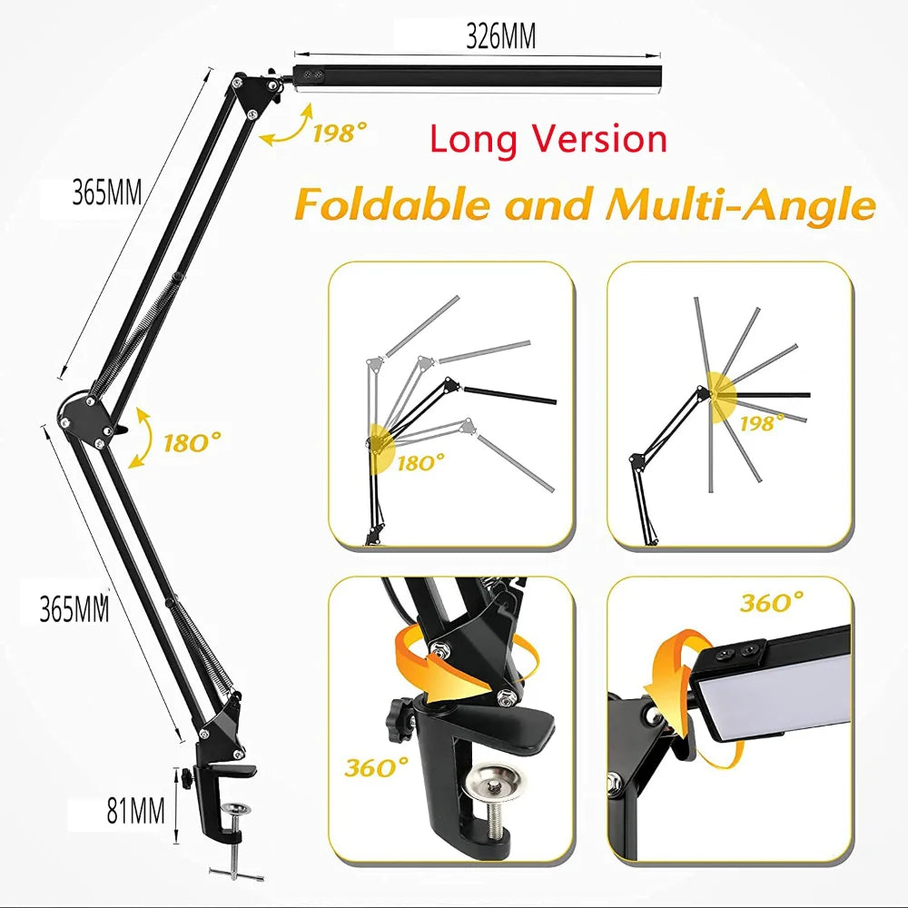 10W LED Desk Lamp with Clamp Adjustable Swing Arm Dimmable Table Light 3 Color Modes 10 Brightness Levels Eye-Caring USB Reading