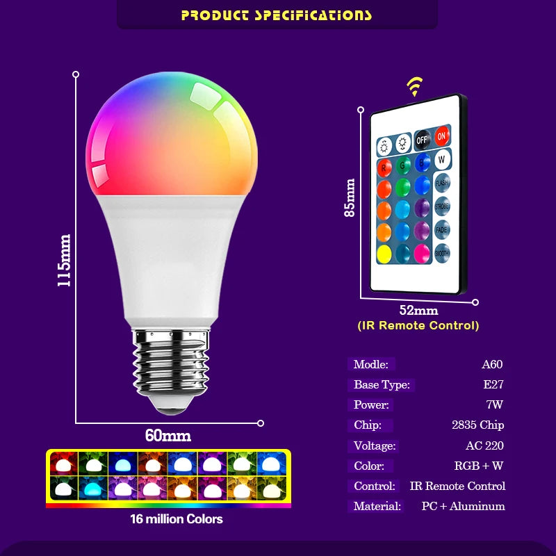 LED RGB Light Bulb AC 220V 230V E27 Lampas LED 7W IR Remote Control Changeable Colorful RGBW Led Lamp Spotlight Bulb