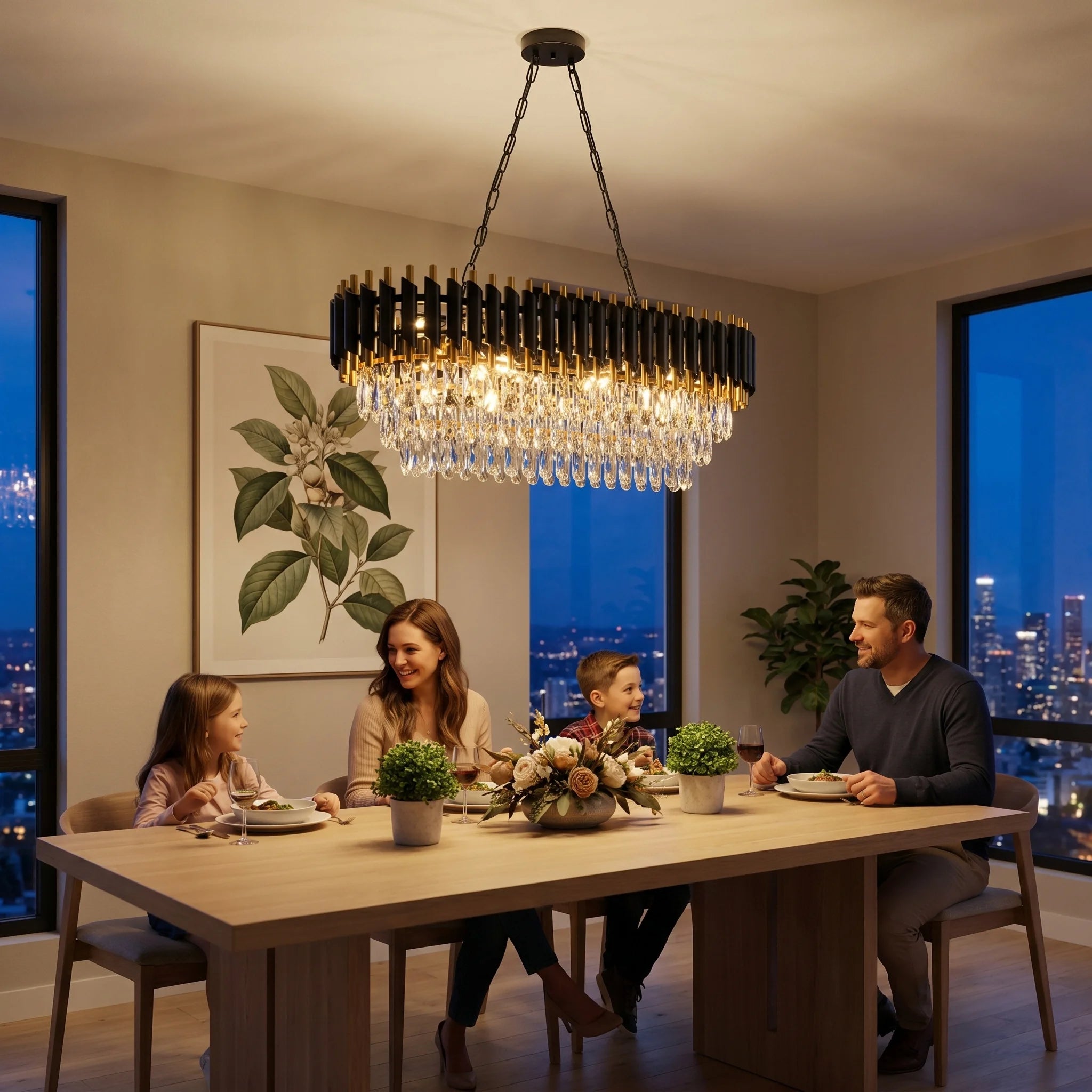 Modern Black & Gold Crystal Chandelier, 3-Tier K9 Oval Crystal Chandelier for Kitchen Island/Living Room/Bedroom/Dining Room