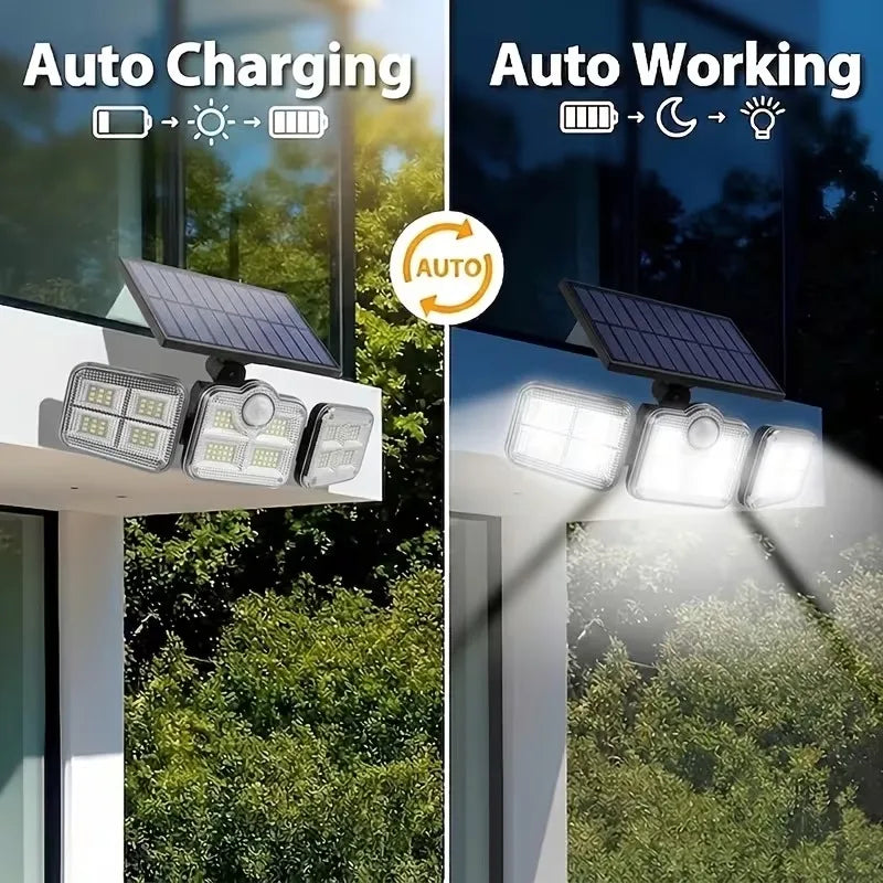1 PACK Outdoor Motion Sensor Lamp, 4-Head Solar Power Light, 122 LED Solar Light, Flood Lights ,3000 Lumens,270° Lighting  Range