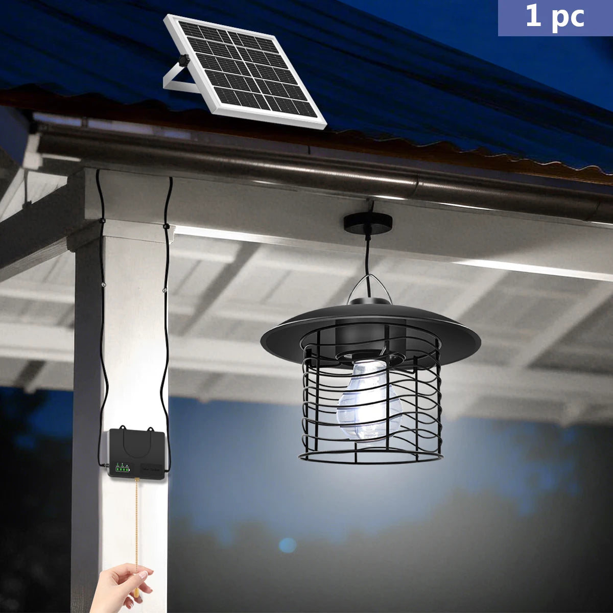 Solar Lamp Outdoor Hanging Solar Pendant Light for Shed Barn Motor Home Retro Pull Chain 3 Work Mode with Battery Indicator IP65