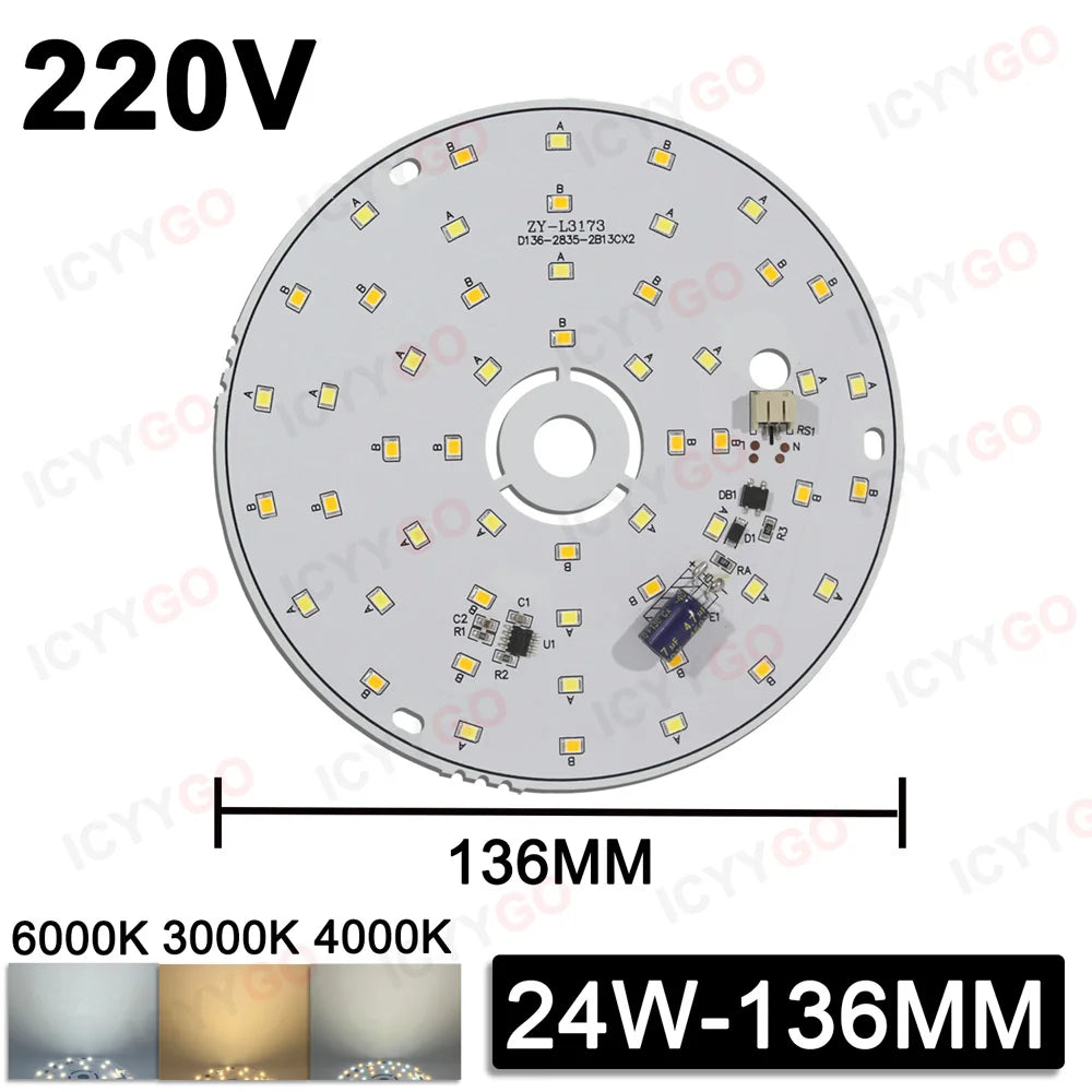 6W 8W 12W 24W 36W 48W LED Chip 220V Driver-Free Three-Color Aisle PCB Light Source Accessories Round LED Light Panel