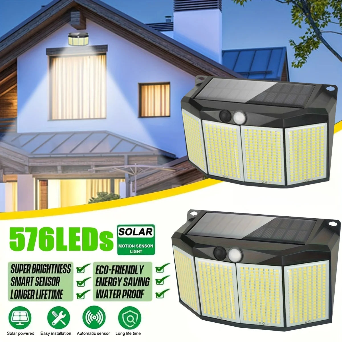 576 LED Outdoor Solar Power Lights Motion Sensor 3 Modes Waterproof Security Flood Lights for Outside Pathway Garden Garage Lamp