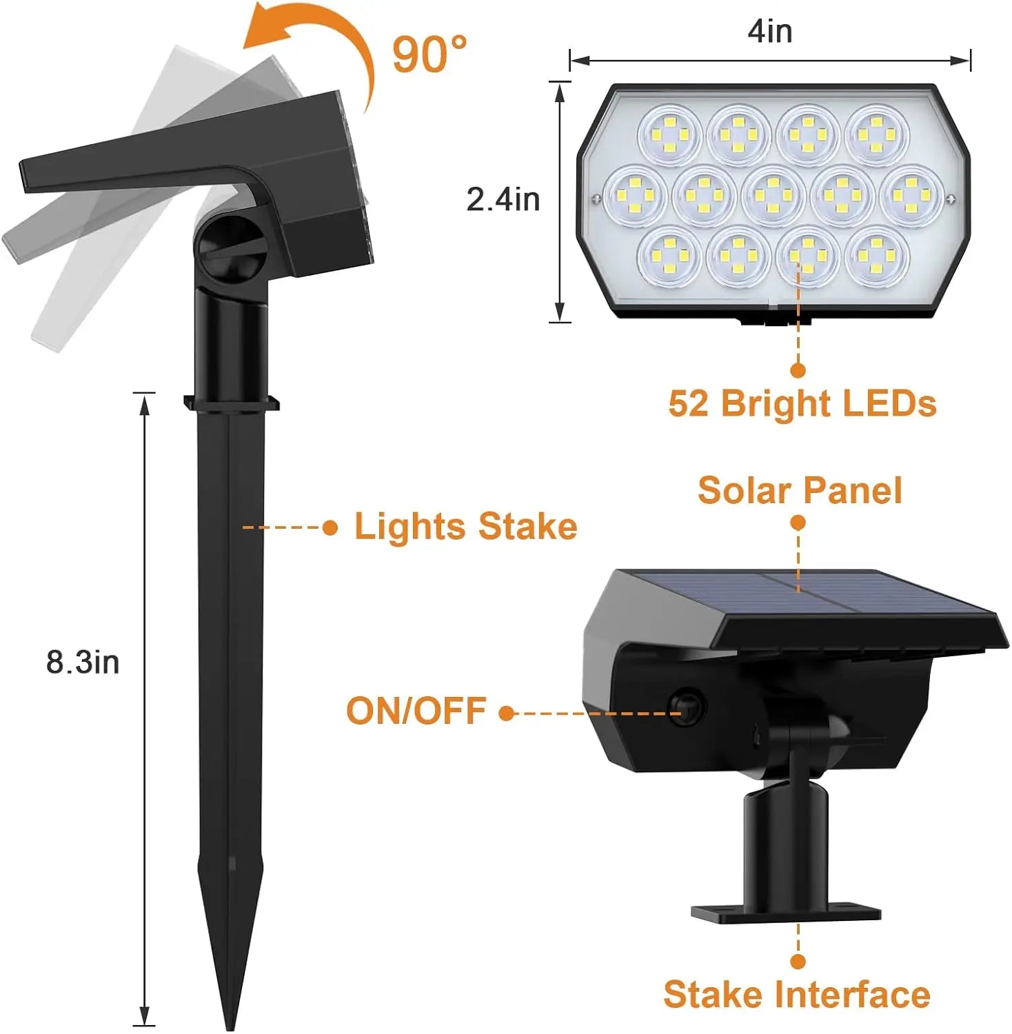 Solar Spot Lights Outdoor52 LED 3 Modes Solar Landscape Spotlights IP65 Waterproof Wall Lights for Walkway Yard Garden