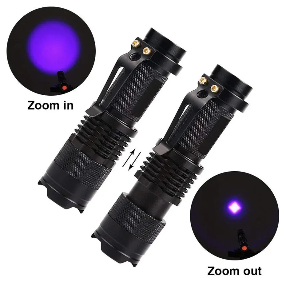 LED UV Flashlight 395nm AA Battery Ultraviolet Torch With Zoom Function Mini UV Light Pet Urine Stains Detector Scorpion Hunting