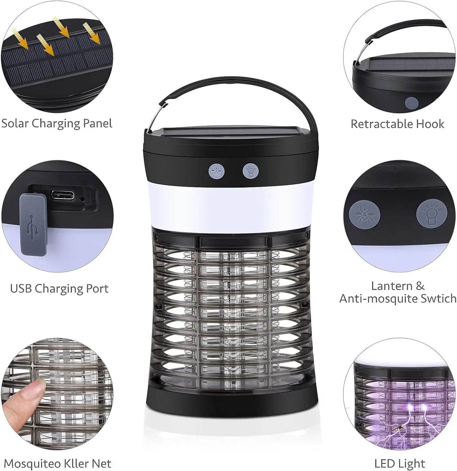 Bug Zapper Electric Solar Mosquito Killer 3000V Rechargeable Insect Fly Trap for Indoor & Outdoor