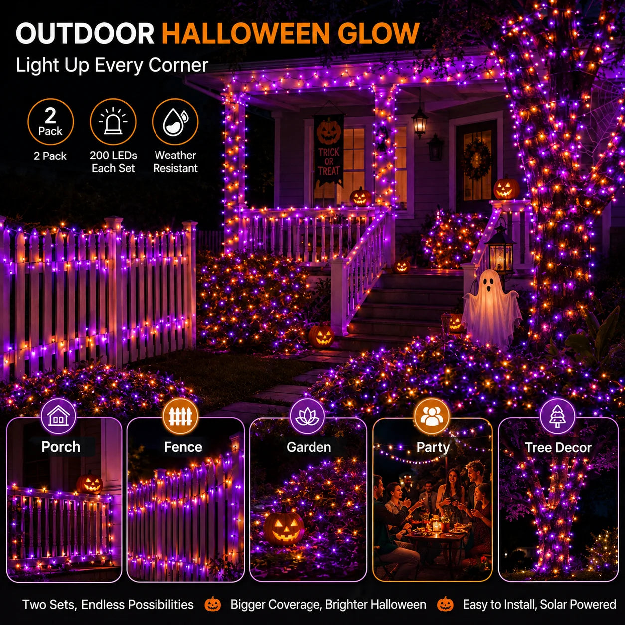 2 Pack Halloween Solar Powered String Lights Outdoor, 72FT 200 LED Solar Powered Decor with 8 Modes of Lighting, Purple and Orange Glow, IP65 Waterproof Design for Outdoor Garden Decor.