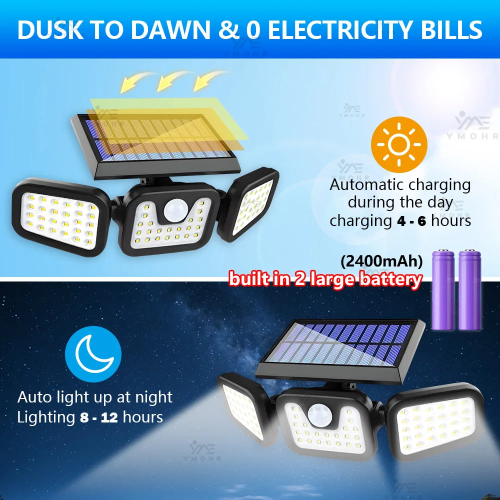 3 Head Solar Lights Outdoor Waterproof Motion Sensor Light 300° Illumination Led Solar Flood Lights Wall Lamp Garden Yard Patio