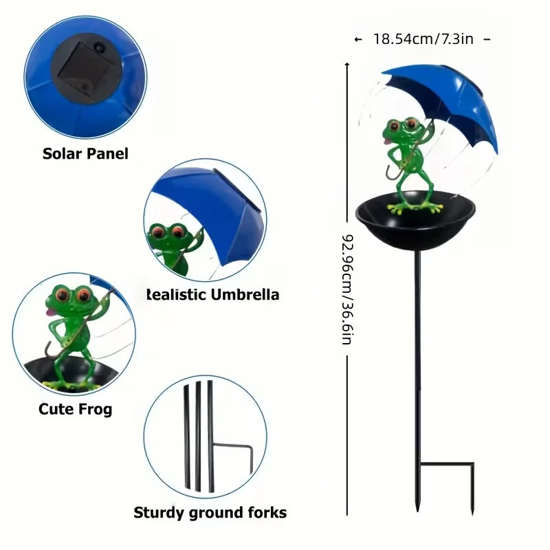 Solar Powered Frog Garden Lamp with LED String Lights Automatic Outdoor Bird Feeder and Hummingbird Feeding Trough for Yard Lawn