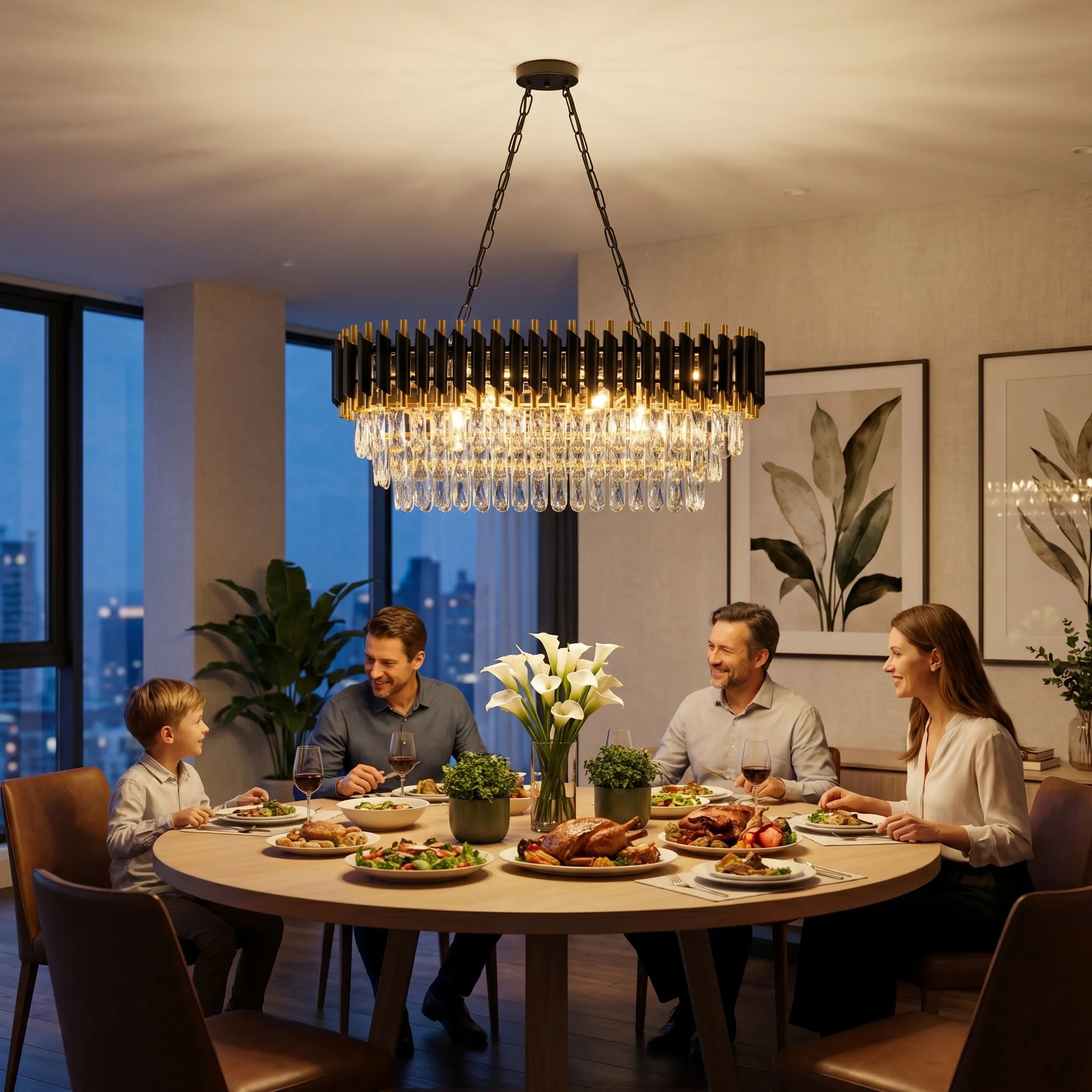 Modern Black & Gold Crystal Chandelier, 3-Tier K9 Oval Crystal Chandelier for Kitchen Island/Living Room/Bedroom/Dining Room