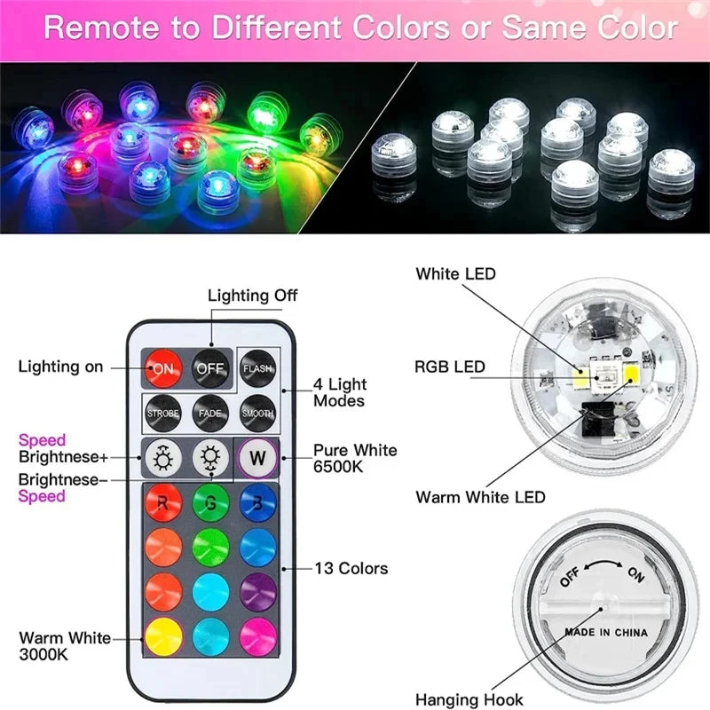 RGB Submersible Lights Remote Control Underwater Led Light Battery Operated Night Lamp For Halloween Vase Wedding Party Decor