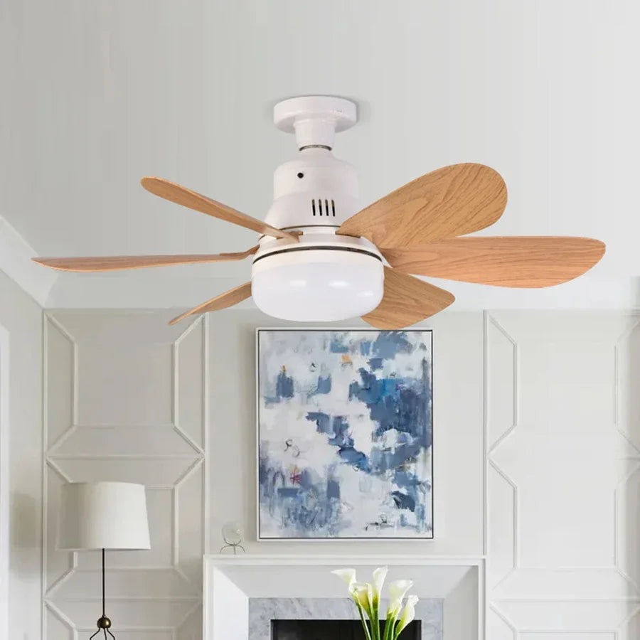 E26 E27 Screw-In LED Ceiling Fan Light with Remote Control, 40W Stepless Dimming 6 Wood Blades for Bedroom Study Office