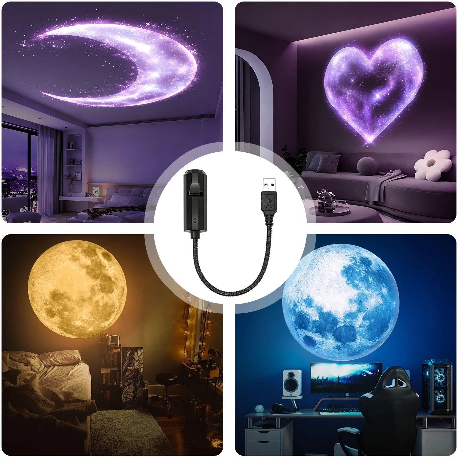 Seven Themed Projection Lights, Including Planet/Crescent Moon Patterns, for Use as Ambient Ceiling Lights.