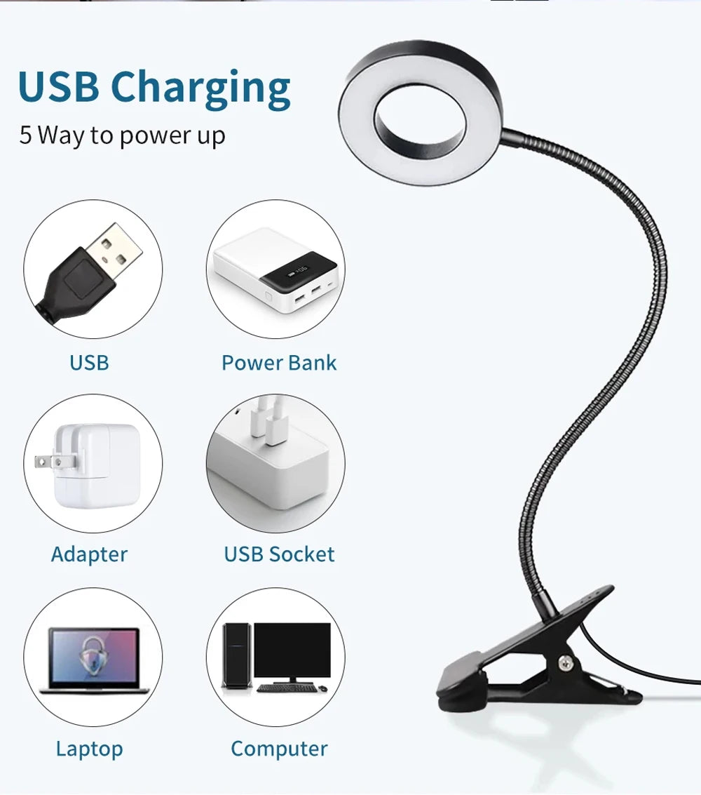 Clip on Light LED Reading Book Study Lamp 3 Color Modes 10 Brightness Eye Protection 360° Flexible Gooseneck Student Desk Lamp