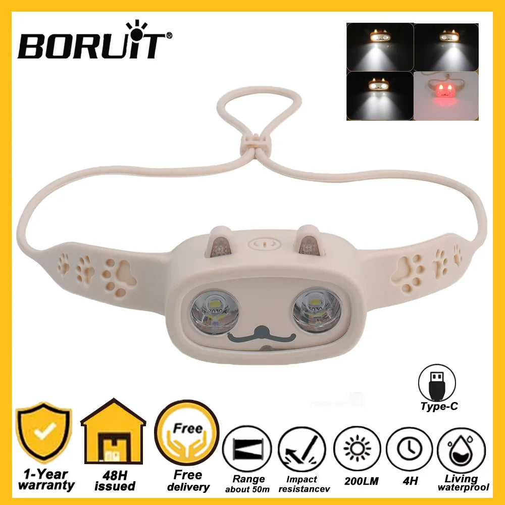 BORUiT Kids LED Headlamp Rechargeable Built-in Battery Flashlight 4 Lighting Modes Outdoor Camping Head Torch for Kids Gift