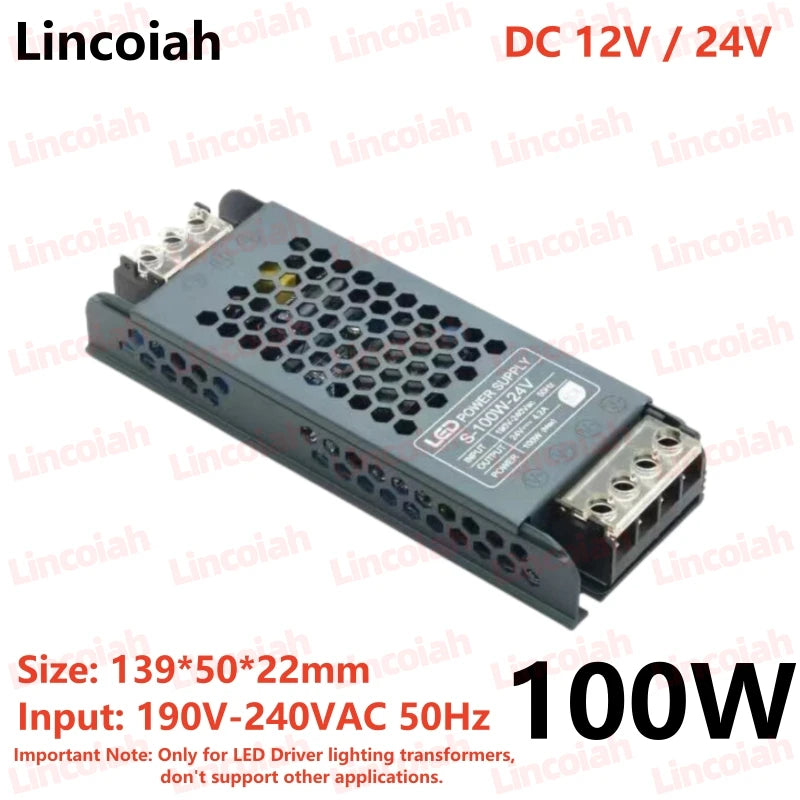 DC 12V 24V LED Power Supply AC190-240V Mute Lighting Transformers 60W 100W 200W 300W 400W LED Light Driver Power Adapter