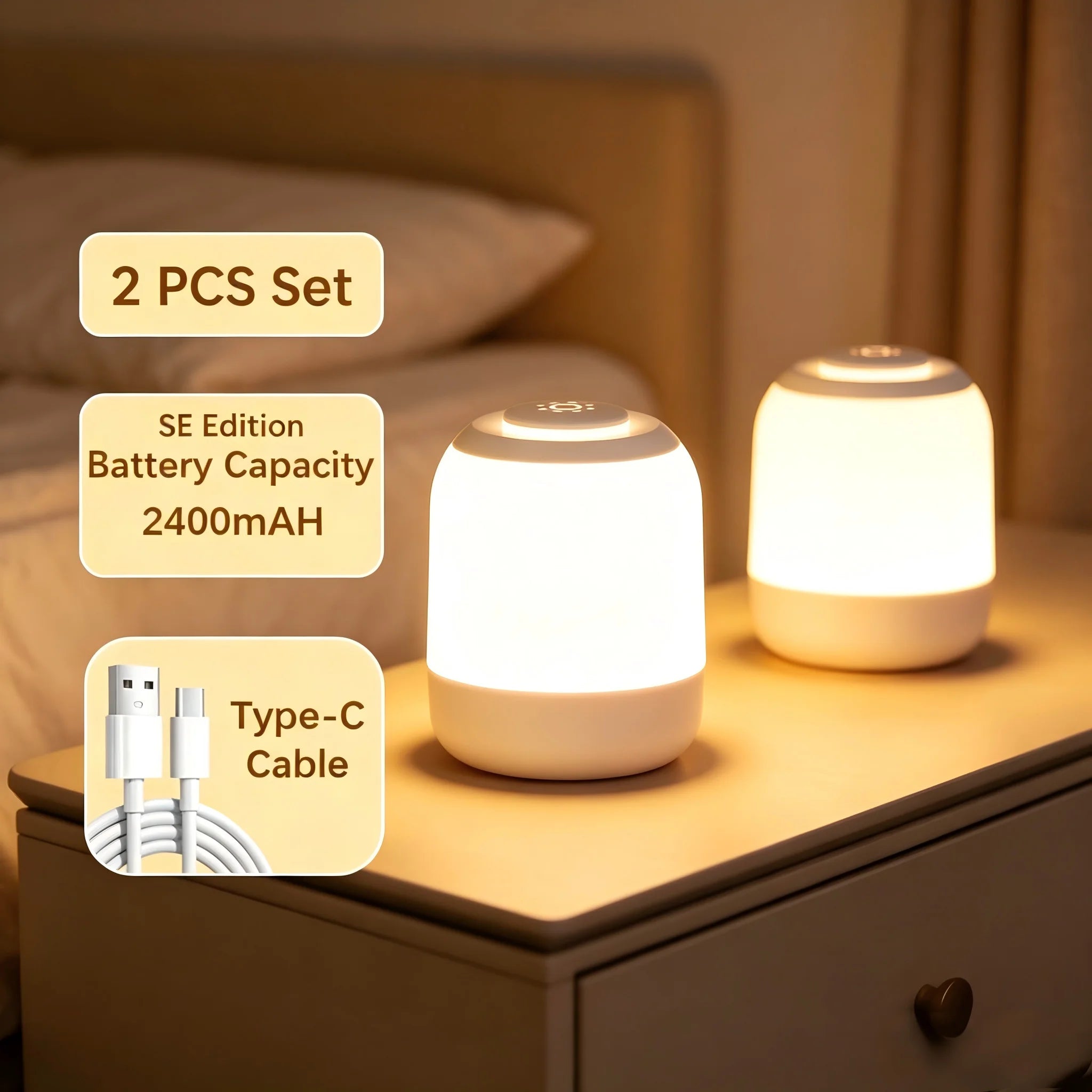 Rechargeable Touch LED Night Light, 3 Color Stepless Dimmable Bedside Lamp, Portable Table Lamp for Bedroom Nursery