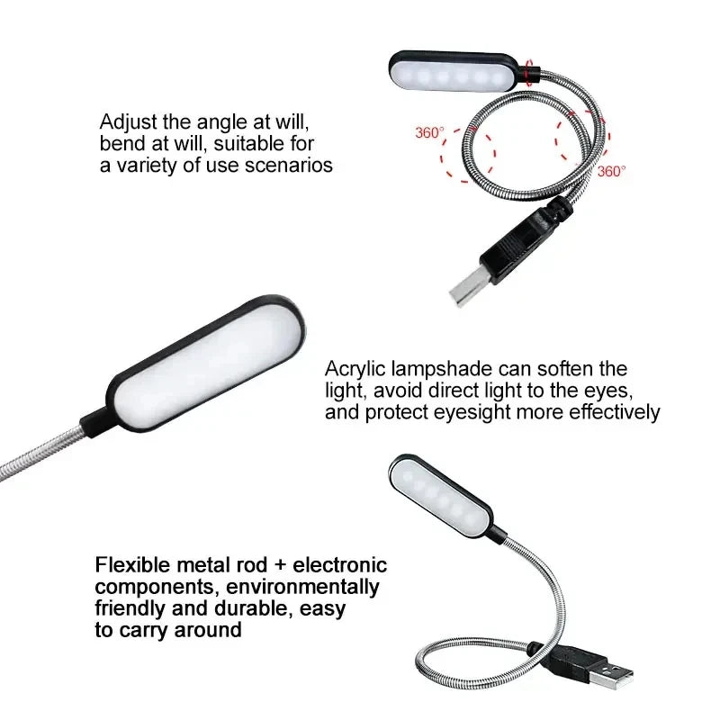 Mini USB LED Book Light, Flexible Gooseneck Reading Lamp Portable Night Light.Plug-in USB Light for Power Bank, Laptop, Notebook