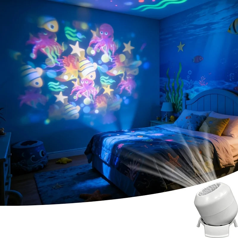 LED Night Light Starry Ocean Projection Light 360°Rotating Decorative Light Marine Life Theme Dynamic Ambient Lamp Room Decora