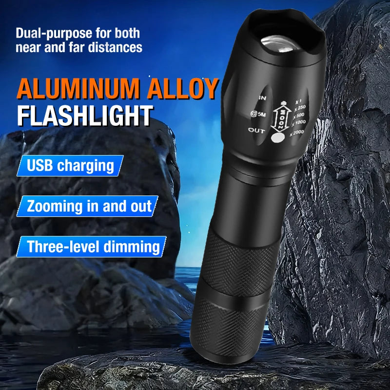 T6 Strong Light Flashlight LED Aluminum Alloy Telescopic Zoom Battery Version Charging Outdoor Searchlight Remote Flashlight
