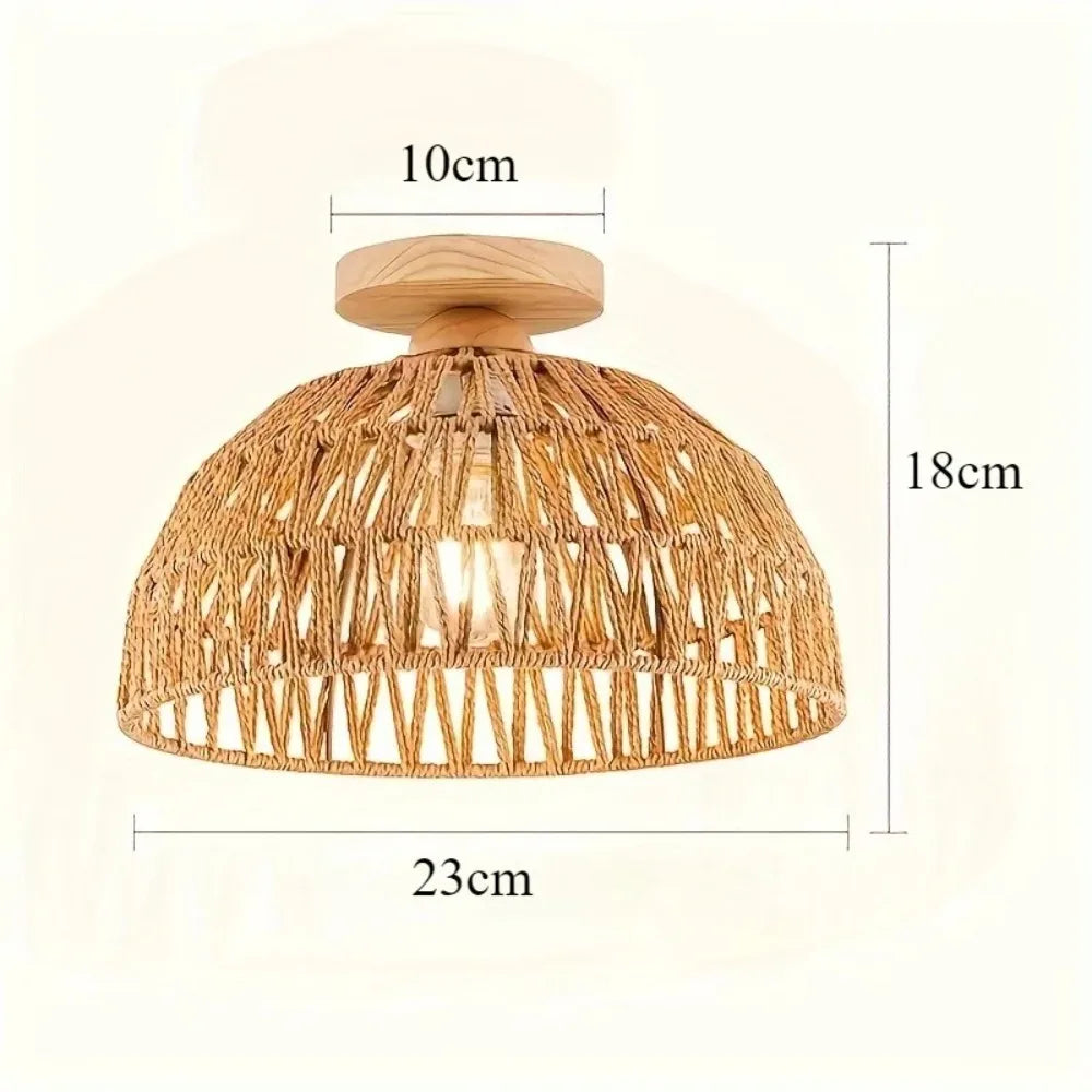 E27 Wabi-sabi Natural Hand-woven Wicker Lampshade Ceiling Lamp for Restaurant Teahouse Living Room Retro Vintage Ceiling Lamps