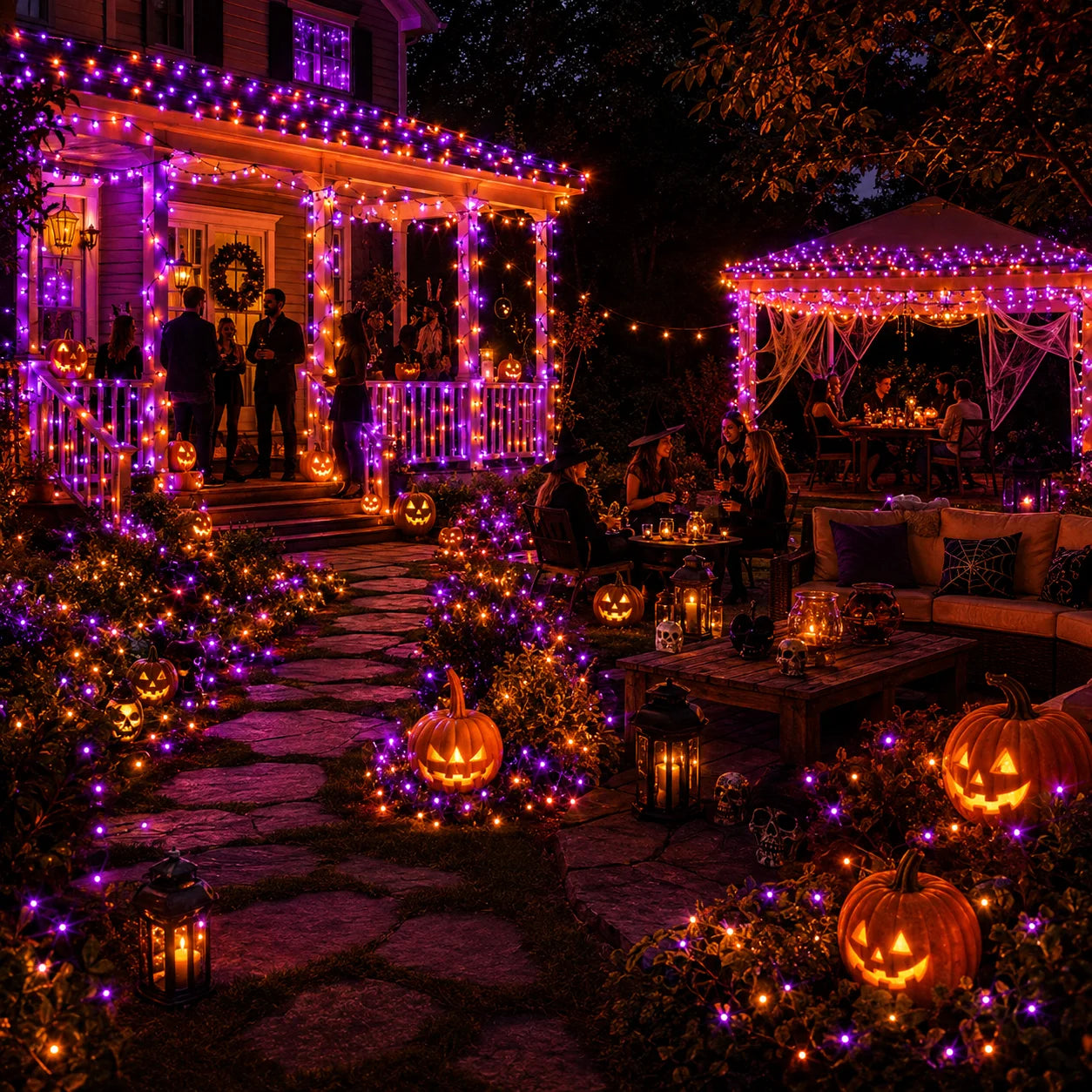 2 Pack Halloween Solar Powered String Lights Outdoor, 72FT 200 LED Solar Powered Decor with 8 Modes of Lighting, Purple and Orange Glow, IP65 Waterproof Design for Outdoor Garden Decor.