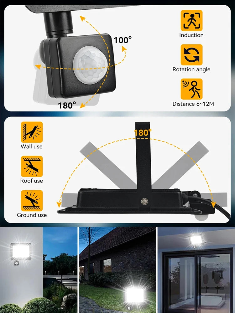 LED Floodlight PIR Motion Sensor Outdoor Light 20W 30W 50W 100W  200W AC220V Waterproof Outdoor Projector Spotlight For Garden