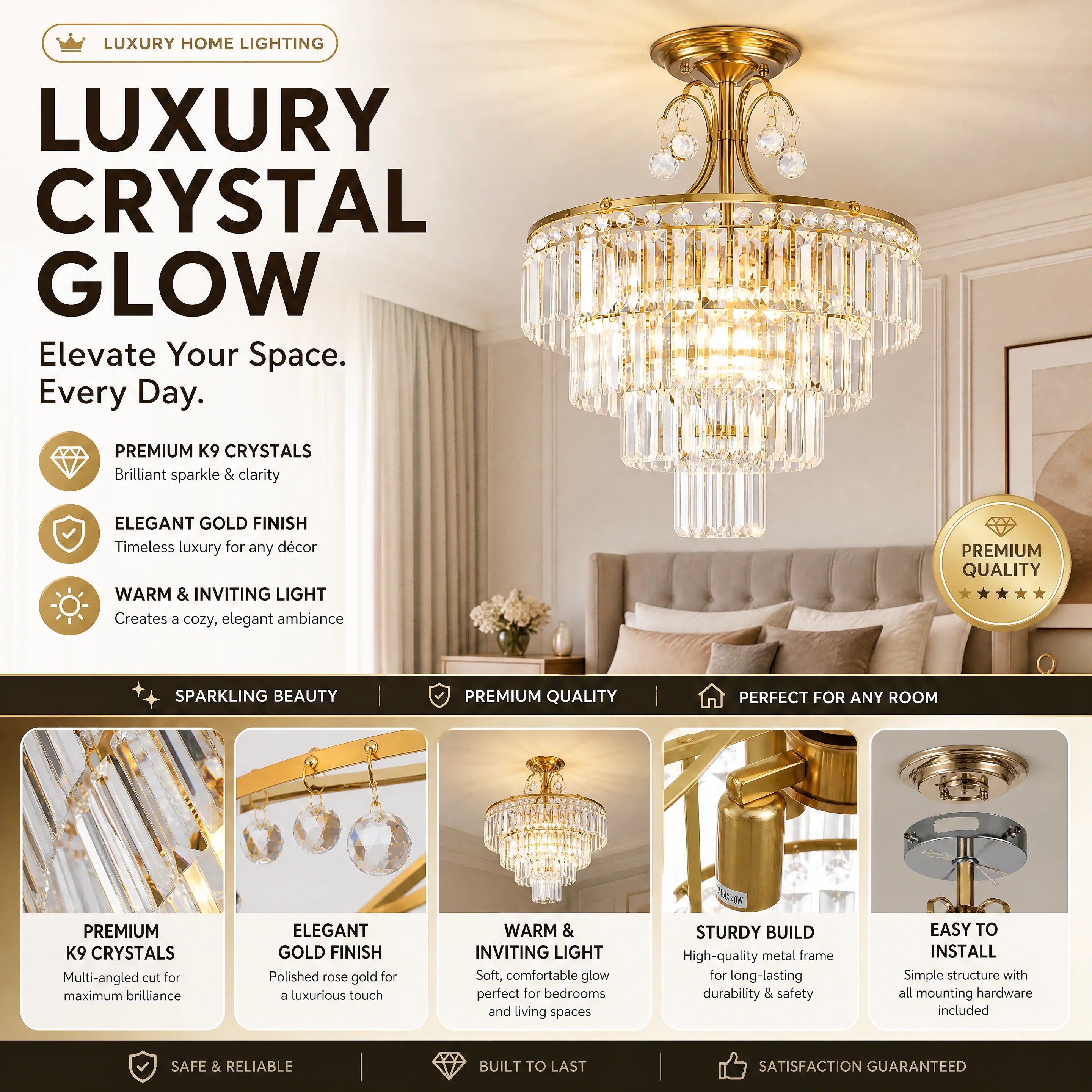 Luxury Gold Crystal Ceiling Light, Round Dimmable Semi-Flush Mount Modern Crystal Ceiling Light for Dining Room/Bedroom/Hallway
