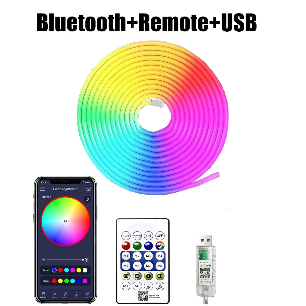 5V RGB+IC Neon Strip Light 1M 2M 3M 5M 10M USB Waterproof Flexible LED Strip Lights With Bluetooth Remote Control For Home Decor