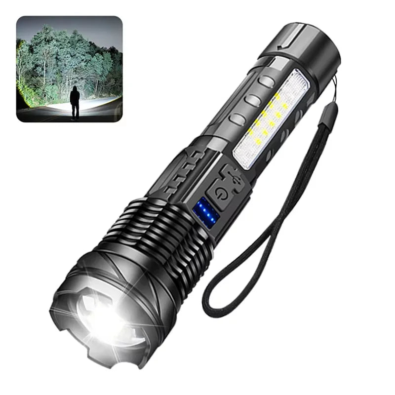 30W COB Strong LED Flashlight Portable Rechargeable Zoomable Hand Lamp1000 Lumens Torch Built in Battery with Power Display