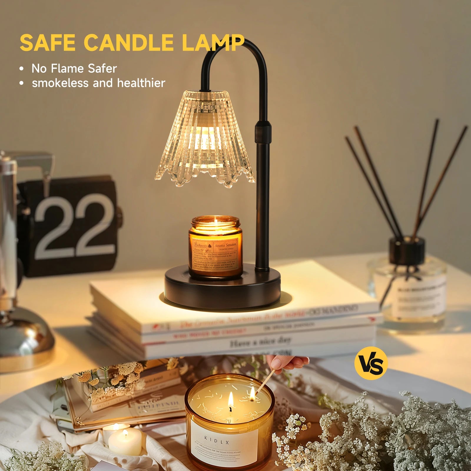 Adjustable Candle Warmer Lamp with Clear Glass Shade, Dimmable Electric Wax Melter Lamp, Curved Metal Frame Scented Candle Melting Lamp for Home Bedroom Decor Gift for Candle Lovers