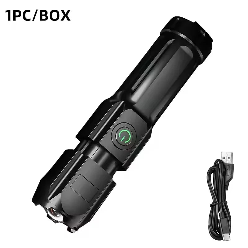 Telescopic Zoom Tactical Flashlights Rechargeable LED Torch 4 Lighting Modes Long-Range Waterproof Camping Fishing Flashlight