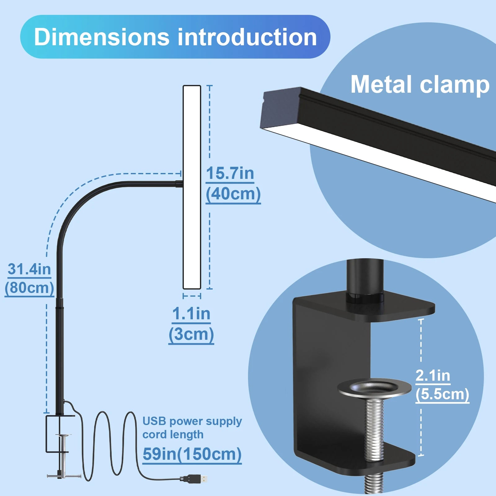 Desk Lamp LED Dimmable 12W 40CM Desk Lamp Clampable Eye Protection Table Lamp Monitor Office Desk Lamp Gooseneck Clamp Light