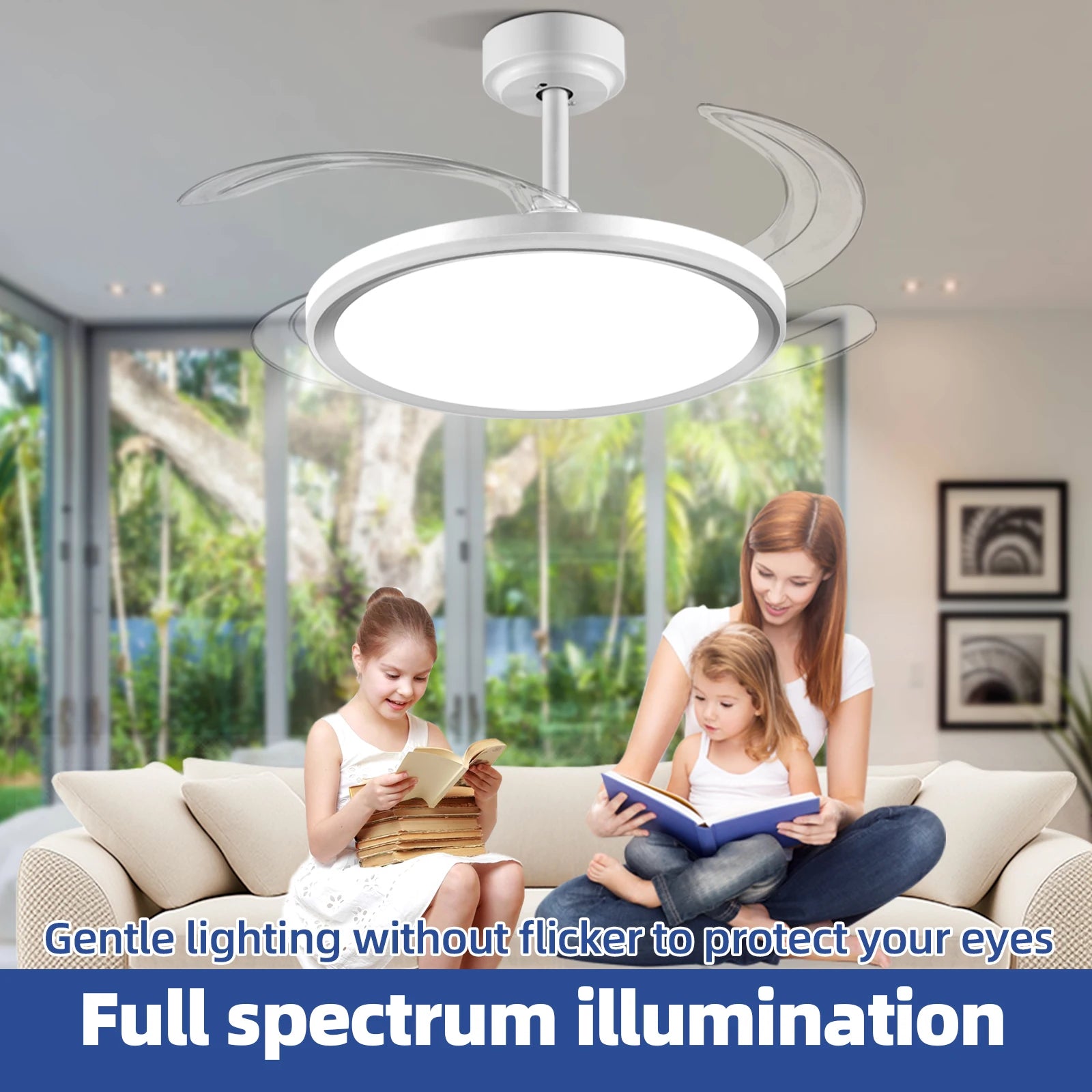 42-Inch Smart Retractable Ceiling Fan Light Breathtaking Lighting Effects, Full-Color RGB Dimming Strip with Memory Function, Bluetooth Speaker, and Convenient Control via App or Remote. Features a 6-Speed Reversible Fan for