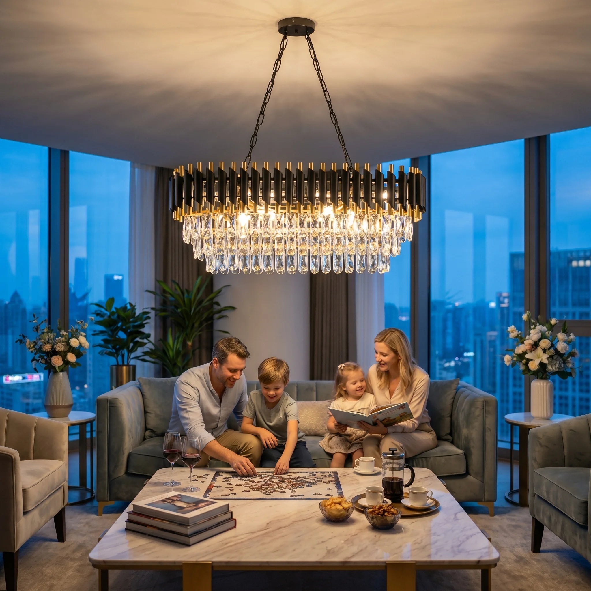 Modern Black & Gold Crystal Chandelier, 3-Tier K9 Oval Crystal Chandelier for Kitchen Island/Living Room/Bedroom/Dining Room