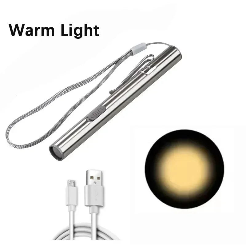 Mini Pen Shape USB Rechargeable Flashlight Stainless Steel Pocket Torch Outdoor Ear Nose Throat Inspection Light