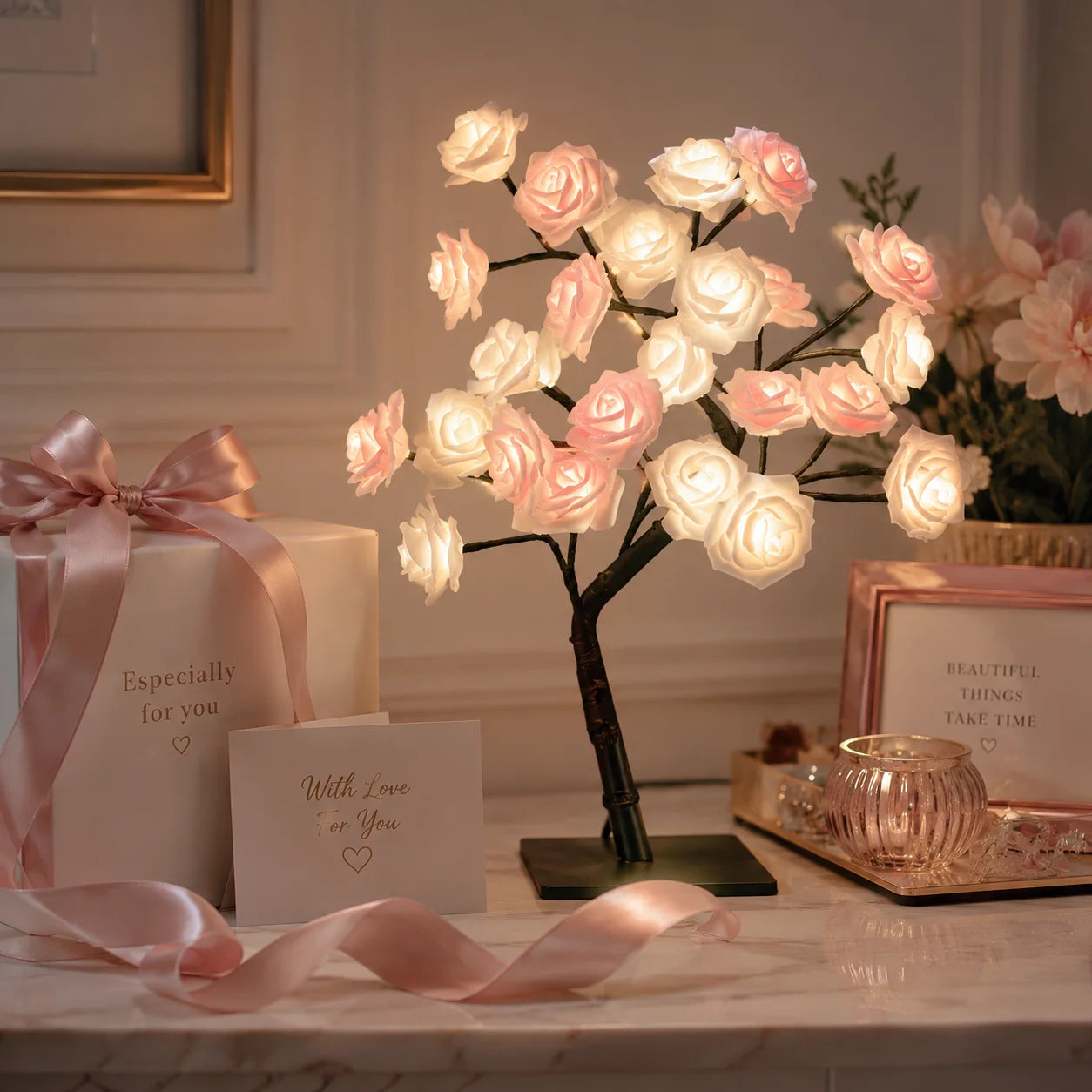 LED Rose Tree Lamp, USB Powered Artificial Flower Night Light Romantic Rose Blossom Design with colorful LED Glow, Perfect for Bedroom, Desk, Living Room and Special Occasions.