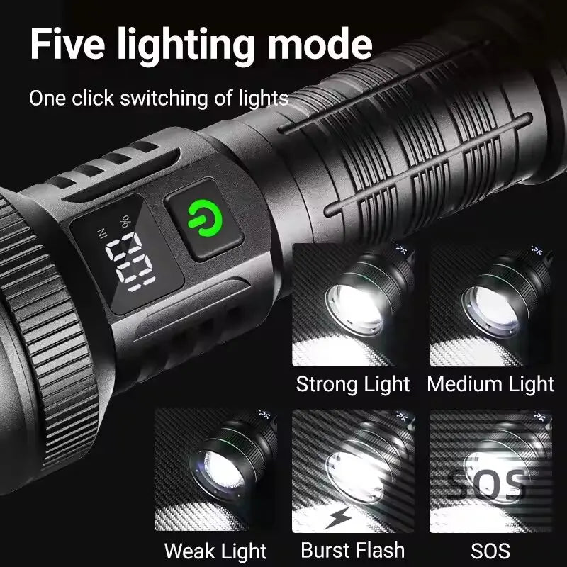 High Power Strong Light LED Flashlight Super Bright Long Range Tactical Torch Powerful USB Rechargeable Lantern Fishing Outdoor