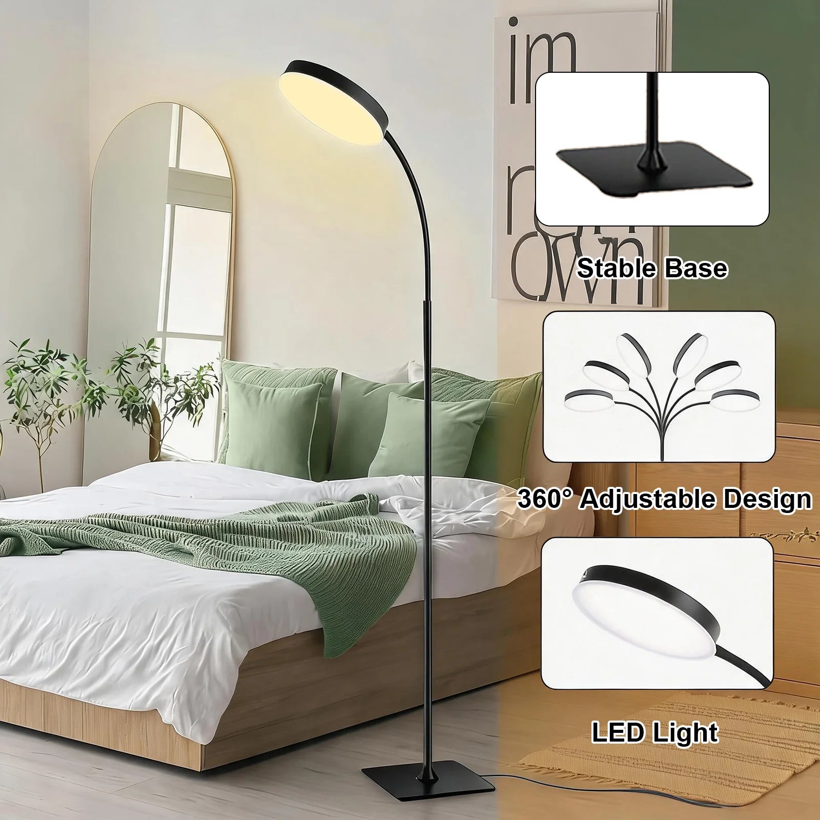 10W LED Floor Lamp, Ultra-Bright Dimmable LED Light, Flexible Adjustable Gooseneck Reading Light, Circular Ambient Light, 3-Color Adjustable, USB Powered, Suitable for Living Room, Bedroom, Office, Study