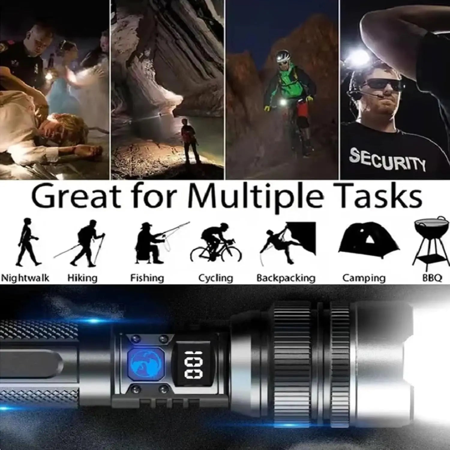 Super Bright LED Flashlight Rechargeable Zoomable Digital Display Tactical Light Waterproof Camping Outdoor Handheld Spotlight