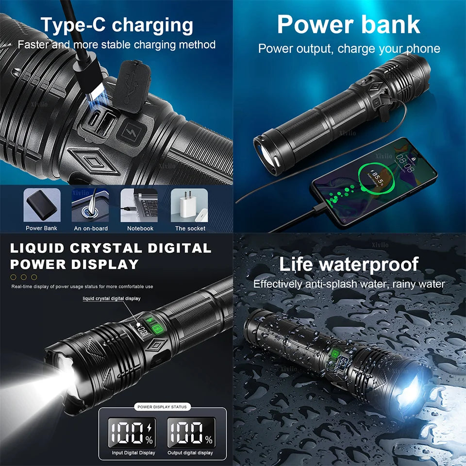 Most Powerful LED Flashlight USB Rechargeable Tactical Torch Light Ultra Bright Long Range Zoom Flashlights Fishing Camping Lamp
