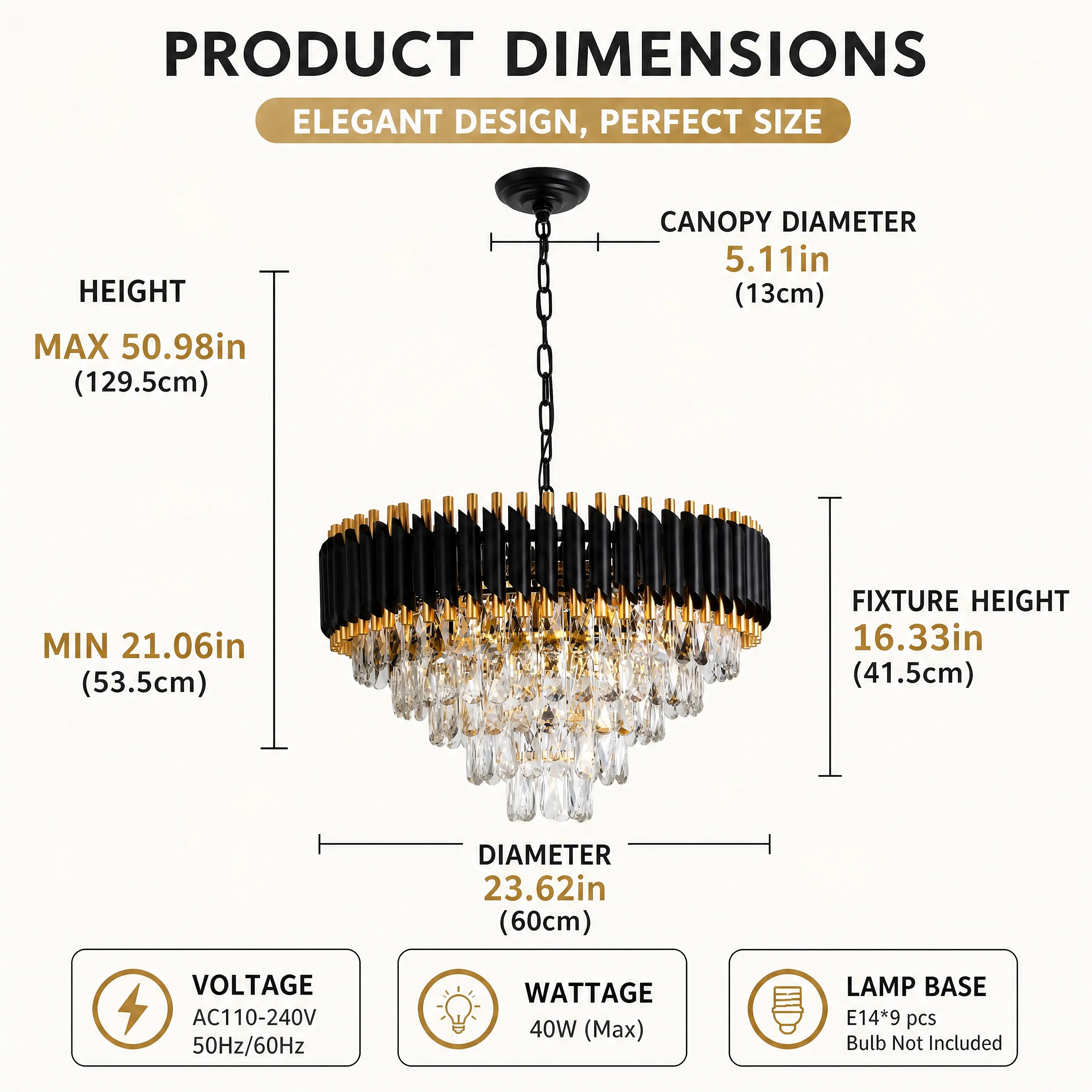 Modern Black & Gold Crystal Chandelier, Dimmable 5-Tier Round K9 Crystal Chandelier for Kitchen Island/Living Room/Bedroom