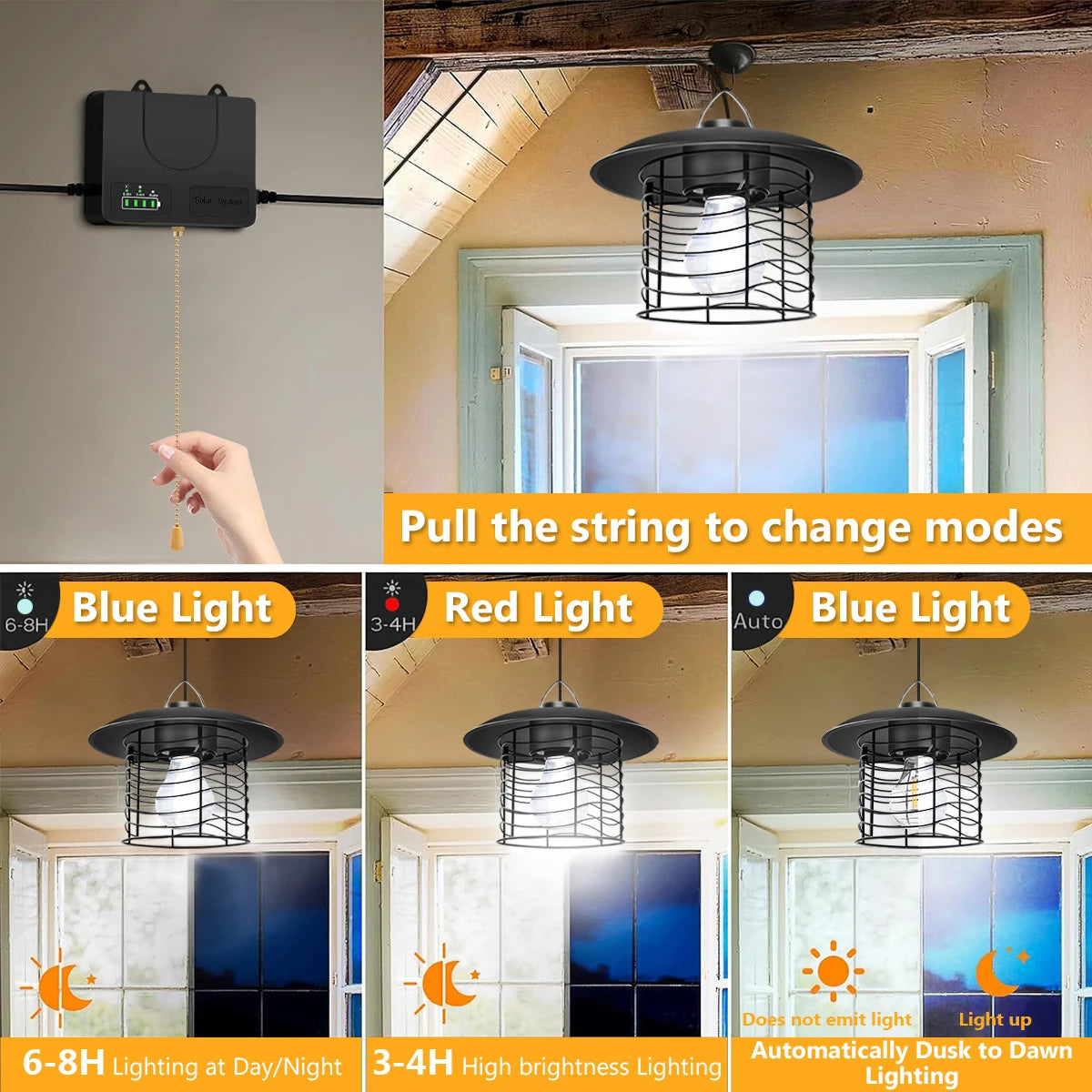 Solar Lamp Outdoor Hanging Solar Pendant Light for Shed Barn Motor Home Retro Pull Chain 3 Work Mode with Battery Indicator IP65