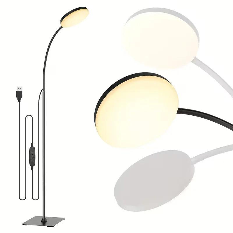 10W LED Floor Lamp, Ultra-Bright Dimmable LED Light, Flexible Adjustable Gooseneck Reading Light, Circular Ambient Light, 3-Color Adjustable, USB Powered, Suitable for Living Room, Bedroom, Office, Study