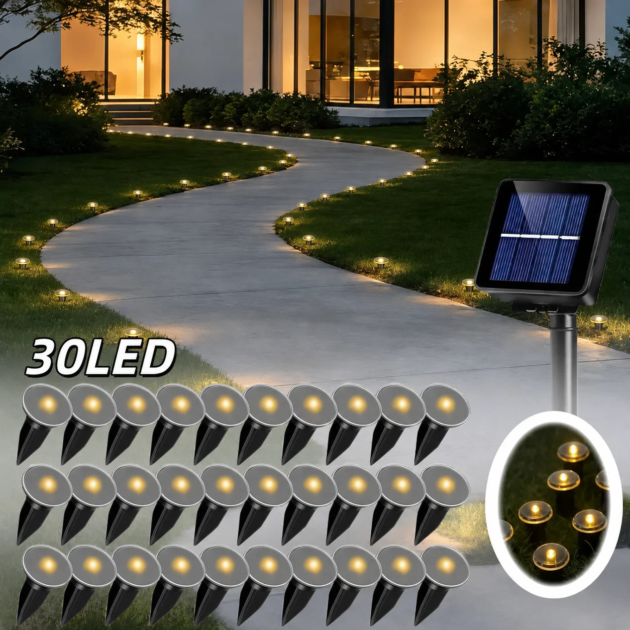 30 Pack Solar Ground Lights Outdoor, Blue LED Pathway Lights with 8 Lighting Modes, IP65 Waterproof Solar Garden Lights for Yard Lawn Walkway Patio Halloween Decorations