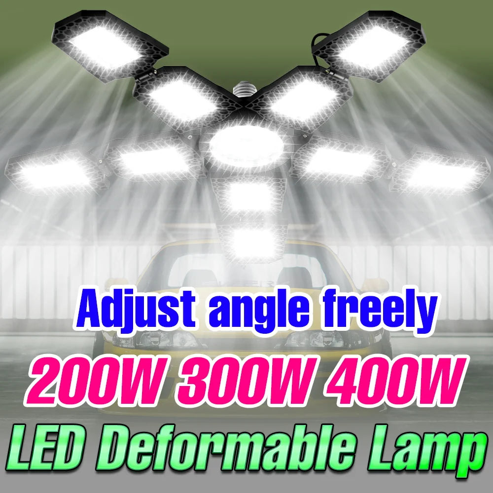 400W LED Deformation Garage Lamp E27/E26 Foldable Workshop Bulb 220V Spotlight 110V Warehouse Basements Large Area Lighting