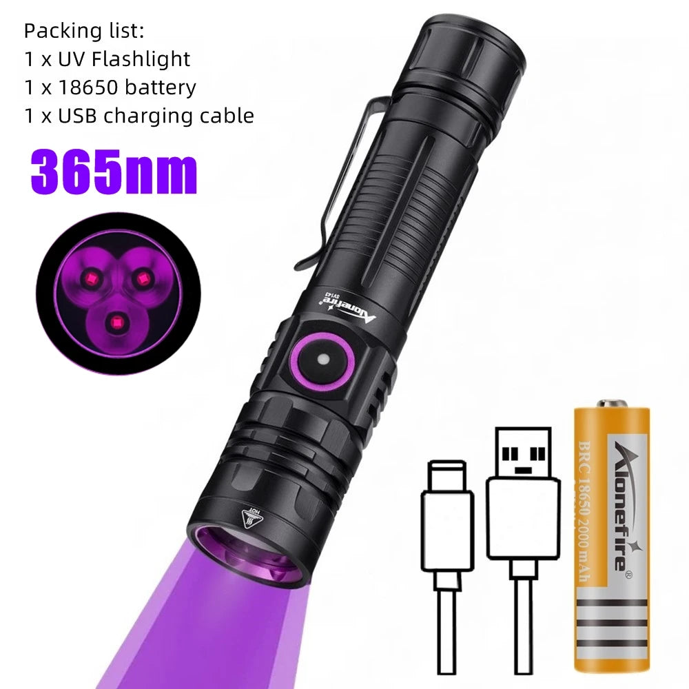 3x365nm/395nm UV LED Flashlight High Power Blacklight USB Rechargeable CatDog Pet Stain Tinea UV Glue Curing Scorpion Lamp Torch
